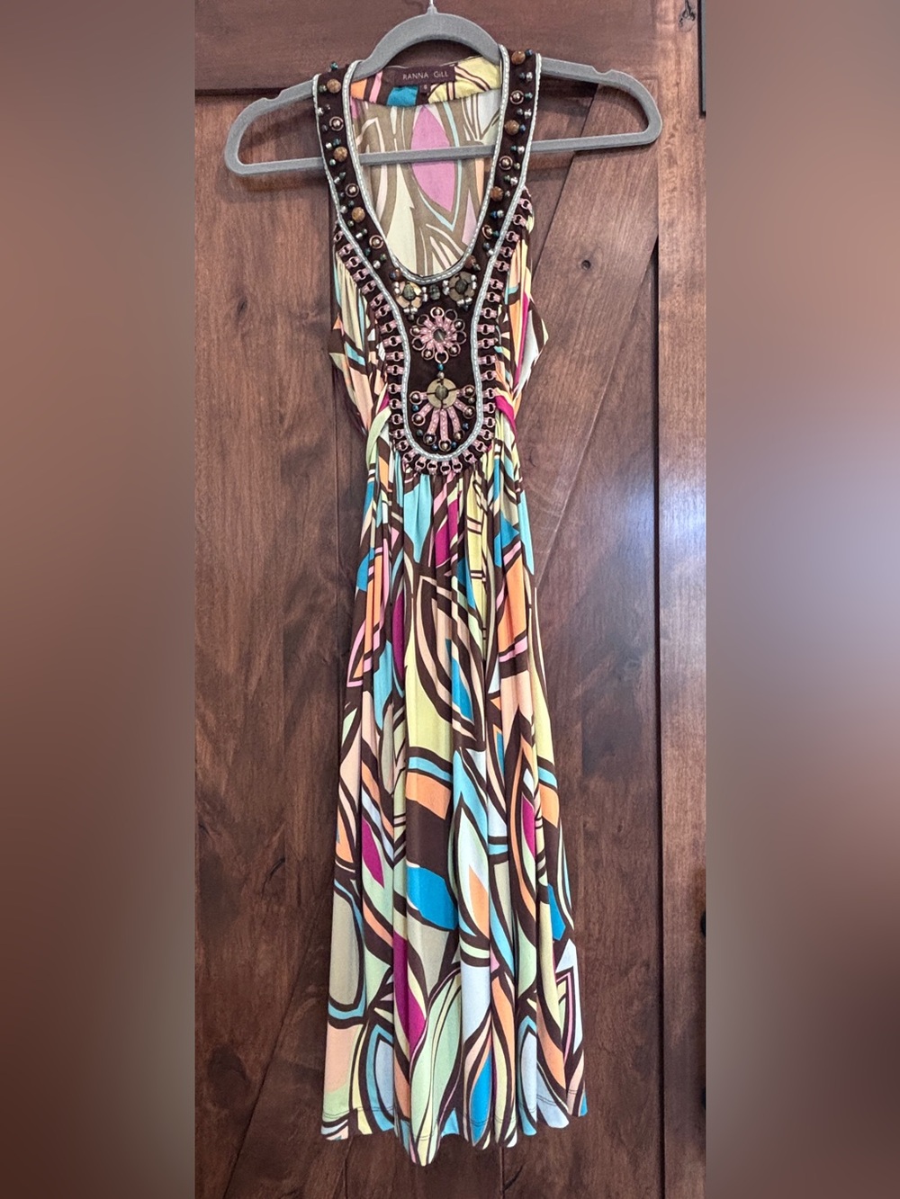 Ranna Gill Multicolor Beaded Halter Maxi Dress